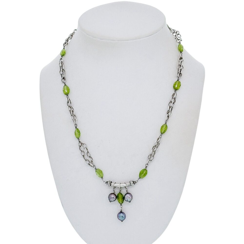 Vintage Silver-Tone Pearl and Prasiolite Dangle Necklace 19"